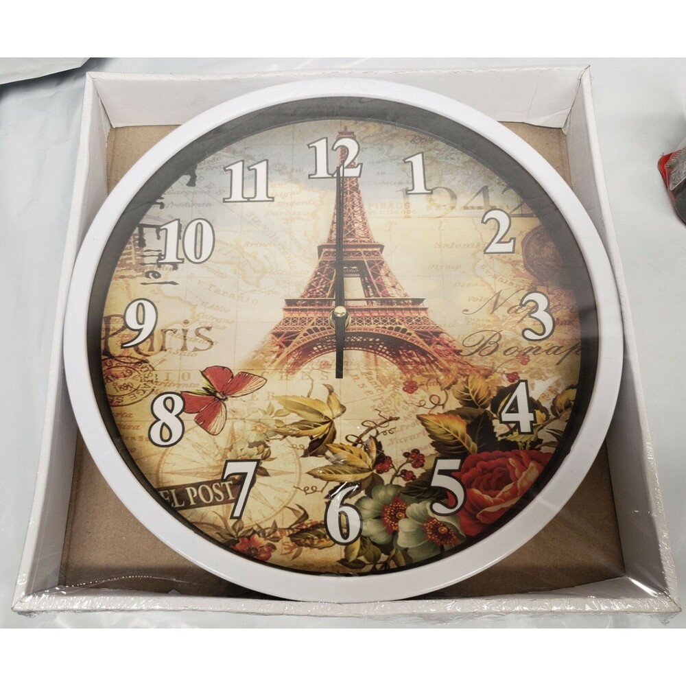 Plastic Wall Clock, app.11.5", PARIS BUTTERFLIES & FLOWERS, EIFFEL TOWER, white